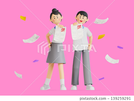 Two students stand together holding papers that show high scores. They are smiling and surrounded by colorful confetti. The setting has a bright pink background. Two students stand together holding papers that show high scores. They are smiling and surrounded by colorful confetti. The setting has a bright pink background. 139259291