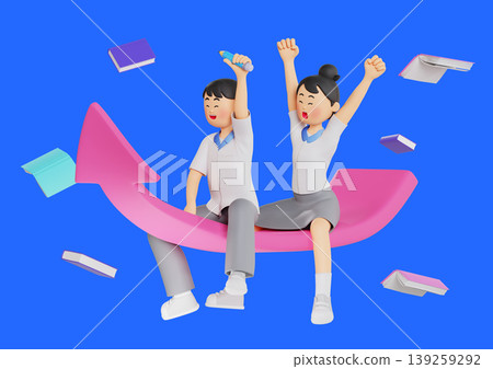 Two kids cheer with joy while seated on a big arrow. They hold items in their hands. Books are scattered in the background. The scene shows excitement and fun in a playful setting. Two kids cheer with joy while seated on a big arrow. They hold items in their hands. Books are scattered in the background. The scene shows excitement and fun in a playful setting. 139259292