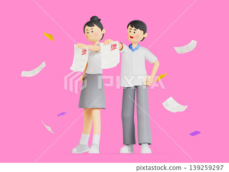 Two students stand together, holding exam result papers. They smile as they celebrate their grades. Papers fly around them against a pink background. Two students stand together, holding exam result papers. They smile as they celebrate their grades. Papers fly around them against a pink background. 139259297