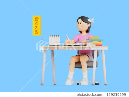 A person sits at a desk with a notebook and a pencil. Books are stacked to one side, and a calendar sits next to the notebook. The setting has a plain blue background. 139259299