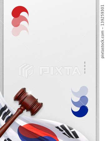 A gavel rests on a simple background beside folds of the South Korean flag. Red and blue shapes are present on the top corners. This scene represents justice and national identity. 139259301