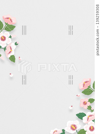 Floral graphics fill the corners of a blank background. Flowers in soft colors frame the space, suitable for adding text or other elements. This design can be used for various purposes. 139259308