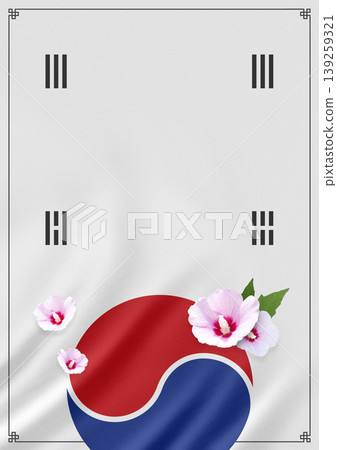 A red and blue circle symbol is featured on a white background. Flowers are placed near the symbol, creating a simple yet striking visual. 139259321