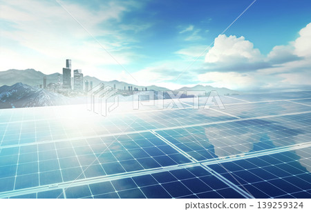 Solar panels are placed on a rooftop, reflecting sunlight, with a city skyline and mountains in the background on a clear day. Solar panels are placed on a rooftop, reflecting sunlight, with a city skyline and mountains in the background on a clear day. 139259324