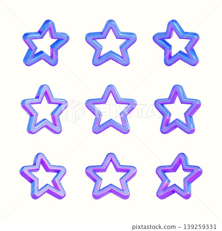 Nine star shapes are laid out in three rows and three columns. Each star has a mix of blue and purple colors. The background is plain and highlights the shapes. Nine star shapes are laid out in three rows and three columns. Each star has a mix of blue and purple colors. The background is plain and highlights the shapes. 139259331