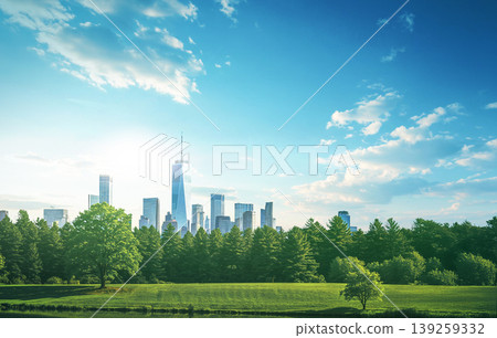 A skyline shows tall buildings against the blue sky. Green trees and grass fill the park area below. Sunshine brightens the scene in the morning. A skyline shows tall buildings against the blue sky. Green trees and grass fill the park area below. Sunshine brightens the scene in the morning. 139259332