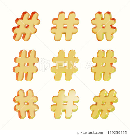 Nine hashtag symbols are placed in a grid format. Each symbol is gold-colored and has a shiny appearance. The symbols are arranged on a plain white background. Nine hashtag symbols are placed in a grid format. Each symbol is gold-colored and has a shiny appearance. The symbols are arranged on a plain white background. 139259335