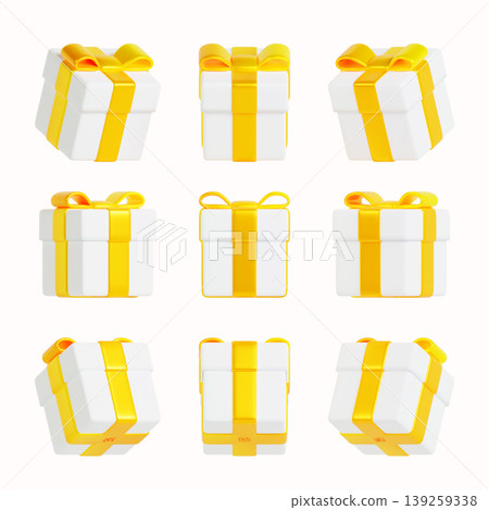 Nine gift boxes are placed in a grid on a white background. Each box is white with a yellow ribbon tied around it. The boxes appear festive and cheerful. 139259338