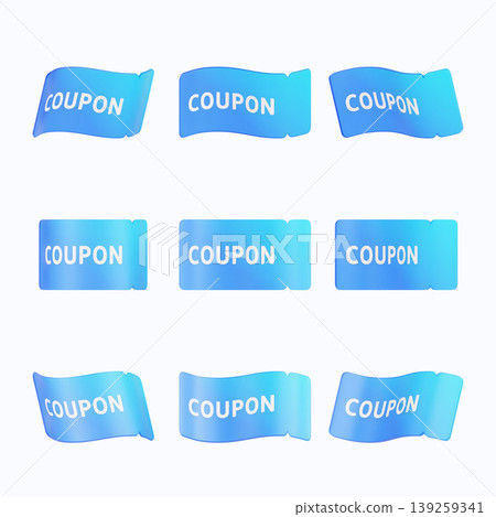 Nine coupons are arranged in a grid. They feature blue backgrounds with the word 'COUPON' clearly displayed. These coupons can be used for discounts or special offers. 139259341