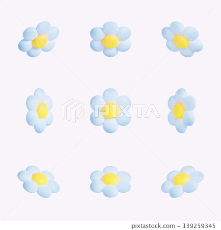Small flowers appear in a grid layout on a light background. Each flower has a light blue petal design and a yellow center. This arrangement is used for decoration or craft projects. Small flowers appear in a grid layout on a light background. Each flower has a light blue petal design and a yellow center. This arrangement is used for decoration or craft projects. 139259345