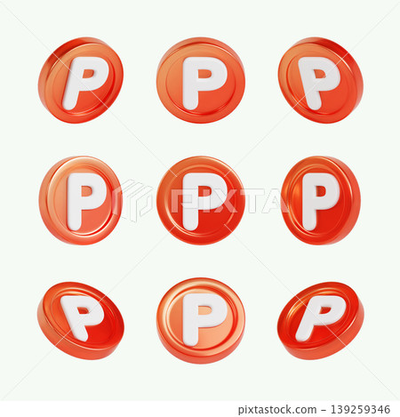 Tokens with a red color and a white letter P are arranged in three rows. The tokens are shiny and stand out on a light background, likely used in a game or event. Tokens with a red color and a white letter P are arranged in three rows. The tokens are shiny and stand out on a light background, likely used in a game or event. 139259346