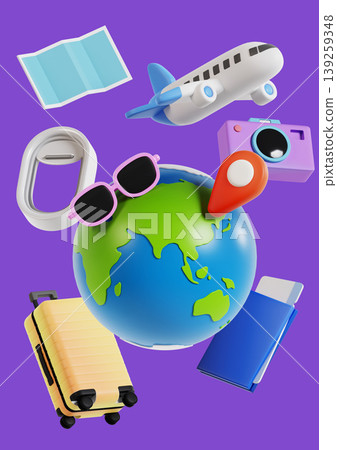 A globe sits in the center with a location marker. Around it are travel items like a suitcase, airplane, camera, and map. These items show preparation for a trip. A globe sits in the center with a location marker. Around it are travel items like a suitcase, airplane, camera, and map. These items show preparation for a trip. 139259348