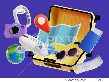 A suitcase is open and shows travel essentials like a globe, a camera, sunglasses, and an airplane figure. The scene looks ready for a fun journey or vacation. A suitcase is open and shows travel essentials like a globe, a camera, sunglasses, and an airplane figure. The scene looks ready for a fun journey or vacation. 139259350