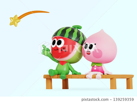 Two cartoon characters sit on a wooden bench, pointing at a shooting star in the night sky. They appear excited as they enjoy the view together. Two cartoon characters sit on a wooden bench, pointing at a shooting star in the night sky. They appear excited as they enjoy the view together. 139259359