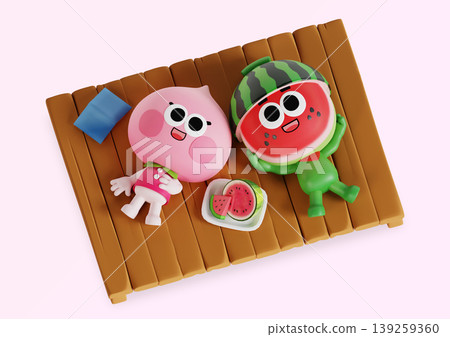 Two cartoon characters are lying on a wooden platform. One character is pink and round, while the other is green with a watermelon theme. They are next to a plate of watermelon slices. Two cartoon characters are lying on a wooden platform. One character is pink and round, while the other is green with a watermelon theme. They are next to a plate of watermelon slices. 139259360