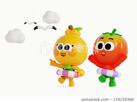 Two colorful cartoon characters wearing swimming rings are walking by the beach. The sun is shining and there are clouds in the sky. Seagulls fly above them with joy. Two colorful cartoon characters wearing swimming rings are walking by the beach. The sun is shining and there are clouds in the sky. Seagulls fly above them with joy. 139259366