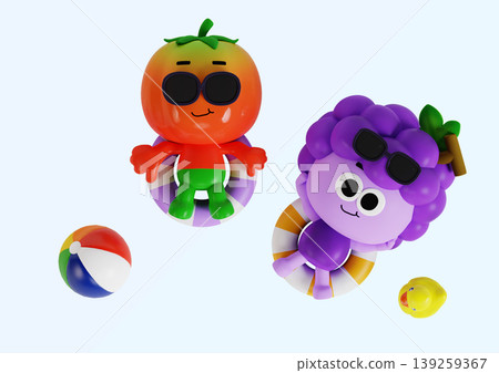 Two cartoon character toys float on circular rings in water. One is a red tomato figure and the other is a purple grape figure. A beach ball and rubber duck are nearby. Two cartoon character toys float on circular rings in water. One is a red tomato figure and the other is a purple grape figure. A beach ball and rubber duck are nearby. 139259367