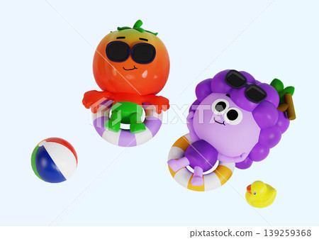 Two playful toys, a tomato and a grape, relax on floating rings in water. They wear sunglasses and enjoy a sunny day. Beach balls and a rubber duck float nearby. Two playful toys, a tomato and a grape, relax on floating rings in water. They wear sunglasses and enjoy a sunny day. Beach balls and a rubber duck float nearby. 139259368
