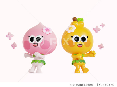 Two playful cartoon characters, one pink and one yellow, dance together. They have big eyes and flower decorations while surrounded by small flowers in the air. Two playful cartoon characters, one pink and one yellow, dance together. They have big eyes and flower decorations while surrounded by small flowers in the air. 139259370
