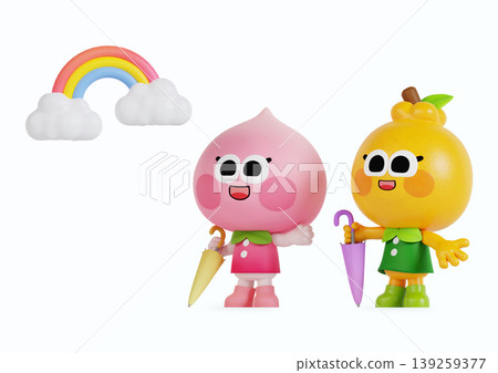 Two cheerful cartoon characters stand side by side under a bright rainbow. Each character holds a small umbrella, ready for fun in the colorful scene. Two cheerful cartoon characters stand side by side under a bright rainbow. Each character holds a small umbrella, ready for fun in the colorful scene. 139259377
