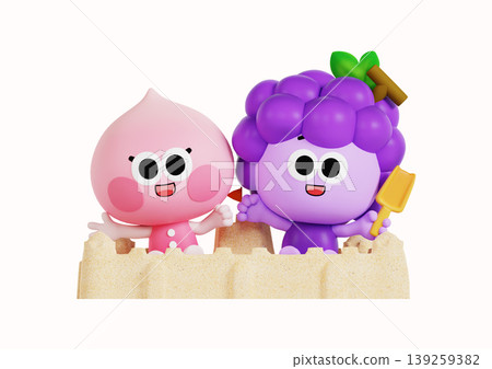Two animated characters play at the beach building a sandcastle. One character is pink and round, while the other is purple and round. They are smiling and holding tools. 139259382