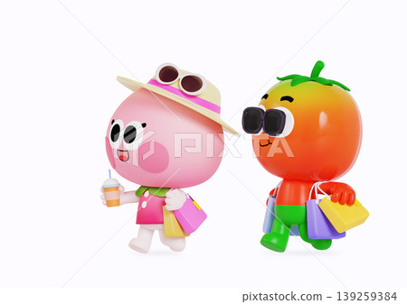 Two cartoon characters stroll in a lively market. One has a pink round shape and wears a hat. The other is orange with a round top. Both carry shopping bags and look cheerful as they enjoy their day. Two cartoon characters stroll in a lively market. One has a pink round shape and wears a hat. The other is orange with a round top. Both carry shopping bags and look cheerful as they enjoy their day. 139259384