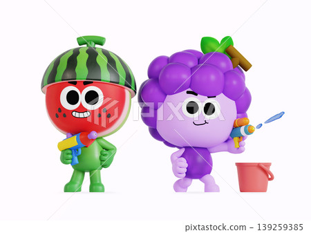 Two cartoon characters participate in a water fight. One character wears a watermelon hat and holds a water gun. The other character is purple and has a bucket. Two cartoon characters participate in a water fight. One character wears a watermelon hat and holds a water gun. The other character is purple and has a bucket. 139259385
