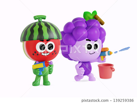 Two cartoon characters appear with bright colors. One character dressed as a watermelon smiles and holds a water gun. The other character dressed as a grape holds a bucket and looks ready for fun. Two cartoon characters appear with bright colors. One character dressed as a watermelon smiles and holds a water gun. The other character dressed as a grape holds a bucket and looks ready for fun. 139259386