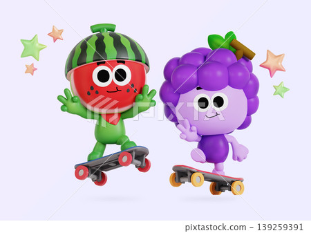Two cartoon characters, a watermelon and a grape, ride skateboards and wave to each other. Colorful stars surround them in a bright and cheerful scene. Two cartoon characters, a watermelon and a grape, ride skateboards and wave to each other. Colorful stars surround them in a bright and cheerful scene. 139259391