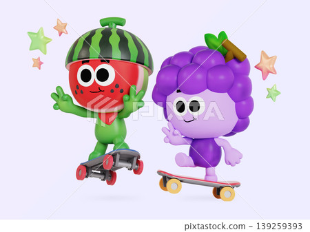 Two cartoon fruit characters ride skateboards. One is a red watermelon figure, and the other is a purple grape figure. They skate playfully against a light backdrop with stars. Two cartoon fruit characters ride skateboards. One is a red watermelon figure, and the other is a purple grape figure. They skate playfully against a light backdrop with stars. 139259393