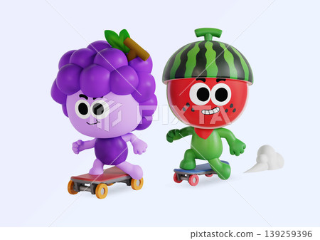 Two cartoon characters, one resembling a grape and the other a watermelon, are skating on boards with smiles. They show joy in their playful ride. Two cartoon characters, one resembling a grape and the other a watermelon, are skating on boards with smiles. They show joy in their playful ride. 139259396