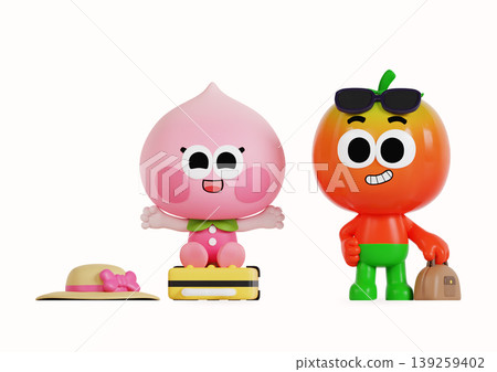 Two cartoon characters are standing side by side. One is a pink dessert figure with a hat and the other is an orange fruit figure wearing sunglasses. They are on a white surface. Two cartoon characters are standing side by side. One is a pink dessert figure with a hat and the other is an orange fruit figure wearing sunglasses. They are on a white surface. 139259402