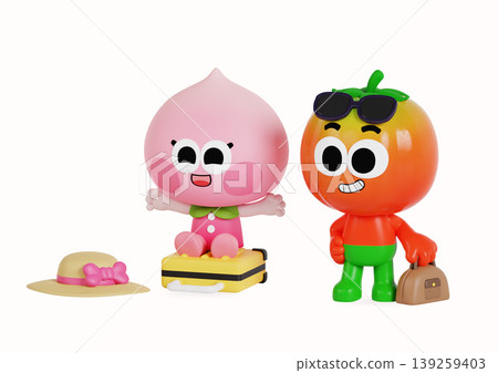 Two colorful cartoon characters stand together, ready for adventure. One character holds a suitcase while the other has a small bag. They both look happy and excited. Two colorful cartoon characters stand together, ready for adventure. One character holds a suitcase while the other has a small bag. They both look happy and excited. 139259403