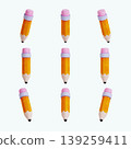 Pencils are lined up in three rows with three in each row. Each pencil has a pink eraser at the top and a pointed tip at the bottom. The background is light in color. 139259411