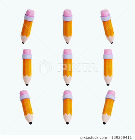 Pencils are lined up in three rows with three in each row. Each pencil has a pink eraser at the top and a pointed tip at the bottom. The background is light in color. Pencils are lined up in three rows with three in each row. Each pencil has a pink eraser at the top and a pointed tip at the bottom. The background is light in color. 139259411