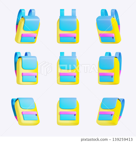 Nine backpacks arranged in a grid show various angles. Each backpack has a yellow body and blue details. The display focuses on the bright colors and styles of the backpacks. 139259413