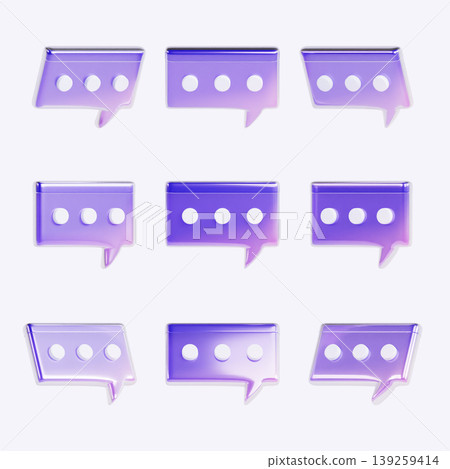Nine chat bubbles are arranged in a three by three grid. Each bubble shows three dots inside. The colors blend from purple to light purple with a smooth finish. Nine chat bubbles are arranged in a three by three grid. Each bubble shows three dots inside. The colors blend from purple to light purple with a smooth finish. 139259414