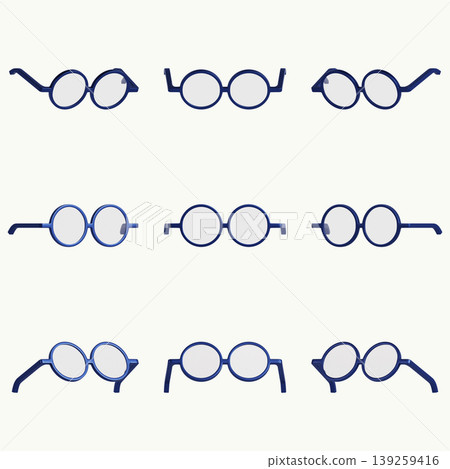Nine pairs of blue eyeglasses are placed in a grid arrangement. Each pair has a simple design with clear lenses. The setting is bright and uncluttered, showing the eyeglasses clearly. Nine pairs of blue eyeglasses are placed in a grid arrangement. Each pair has a simple design with clear lenses. The setting is bright and uncluttered, showing the eyeglasses clearly. 139259416