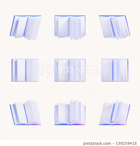 Nine open books are displayed in a grid format. Each book shows different angles and arrangements of empty pages. The background is light and simple, allowing focus on the books. Nine open books are displayed in a grid format. Each book shows different angles and arrangements of empty pages. The background is light and simple, allowing focus on the books. 139259418