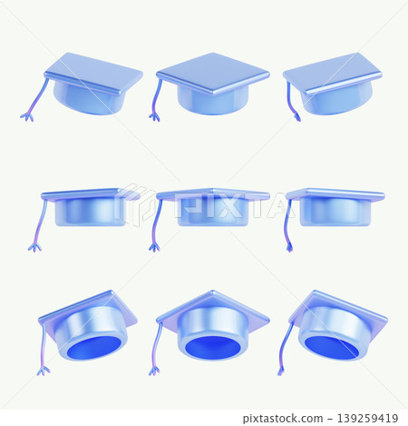 Nine graduation caps in blue color are arranged in a grid pattern on a white background. They represent a celebration of academic achievement for graduates. Nine graduation caps in blue color are arranged in a grid pattern on a white background. They represent a celebration of academic achievement for graduates. 139259419