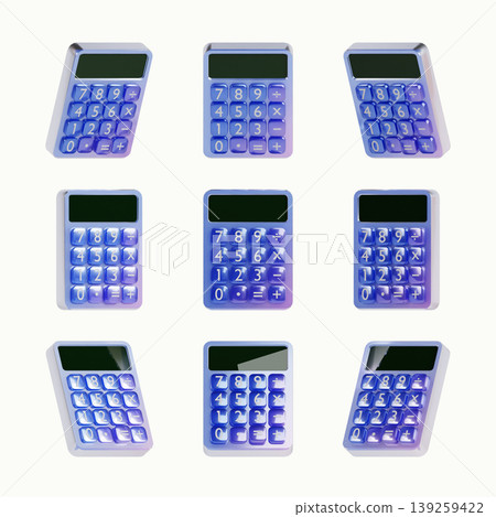 Nine calculators are shown in a grid format. Each calculator has a different design and display. They are used for performing math calculations. 139259422