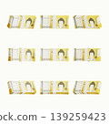 Stacks of five thousand currency notes are laid out in a grid layout. Each note features a figure and has bright yellow and white colors. This arrangement shows multiple stacks of cash. 139259423