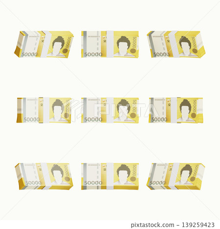 Stacks of five thousand currency notes are laid out in a grid layout. Each note features a figure and has bright yellow and white colors. This arrangement shows multiple stacks of cash. Stacks of five thousand currency notes are laid out in a grid layout. Each note features a figure and has bright yellow and white colors. This arrangement shows multiple stacks of cash. 139259423