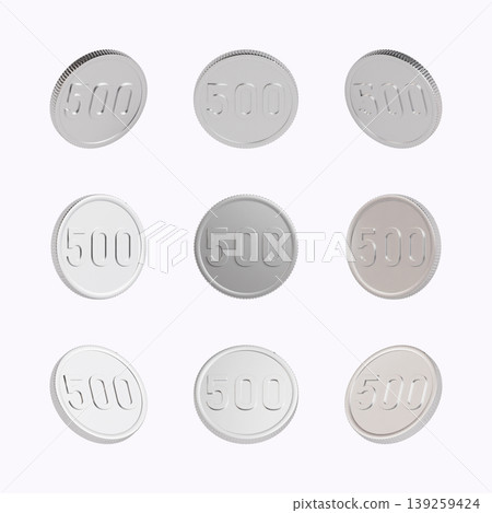 A set of nine coins is displayed in a grid. Each coin has the number 500 on its surface, showing the currency value. The coins are silver and shiny. A set of nine coins is displayed in a grid. Each coin has the number 500 on its surface, showing the currency value. The coins are silver and shiny. 139259424