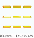 Gold bars sit neatly in three rows on a plain background. They have reflective surfaces that show light. The bars vary in position and orientation. 139259429