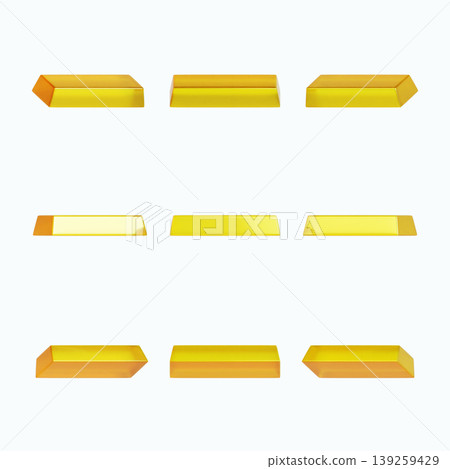 Gold bars sit neatly in three rows on a plain background. They have reflective surfaces that show light. The bars vary in position and orientation. Gold bars sit neatly in three rows on a plain background. They have reflective surfaces that show light. The bars vary in position and orientation. 139259429