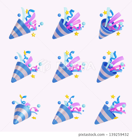Nine party hats filled with colorful streamers and confetti are arranged on a light background. These hats can be used for birthday parties or other celebrations. Nine party hats filled with colorful streamers and confetti are arranged on a light background. These hats can be used for birthday parties or other celebrations. 139259432