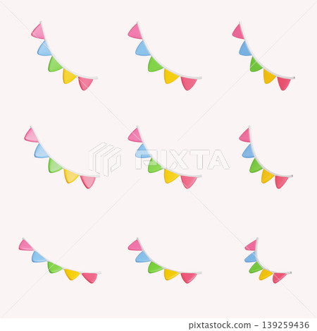 Nine strings of party flags hang across a light background. The flags are in various colors and shapes. They are arranged in a fun and playful pattern suitable for a celebration. Nine strings of party flags hang across a light background. The flags are in various colors and shapes. They are arranged in a fun and playful pattern suitable for a celebration. 139259436