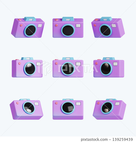 Nine purple cameras are placed in a grid on a light surface. Each camera shows a round lens. This setup suggests a focus on design and creativity in photography. 139259439