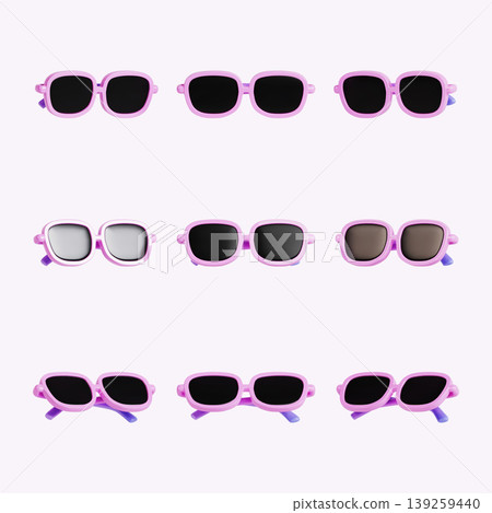 Ten pairs of pink sunglasses are arranged in a grid on a white background. The lenses vary in shades from black to gray. Each pair is uniquely shaped and designed. Ten pairs of pink sunglasses are arranged in a grid on a white background. The lenses vary in shades from black to gray. Each pair is uniquely shaped and designed. 139259440